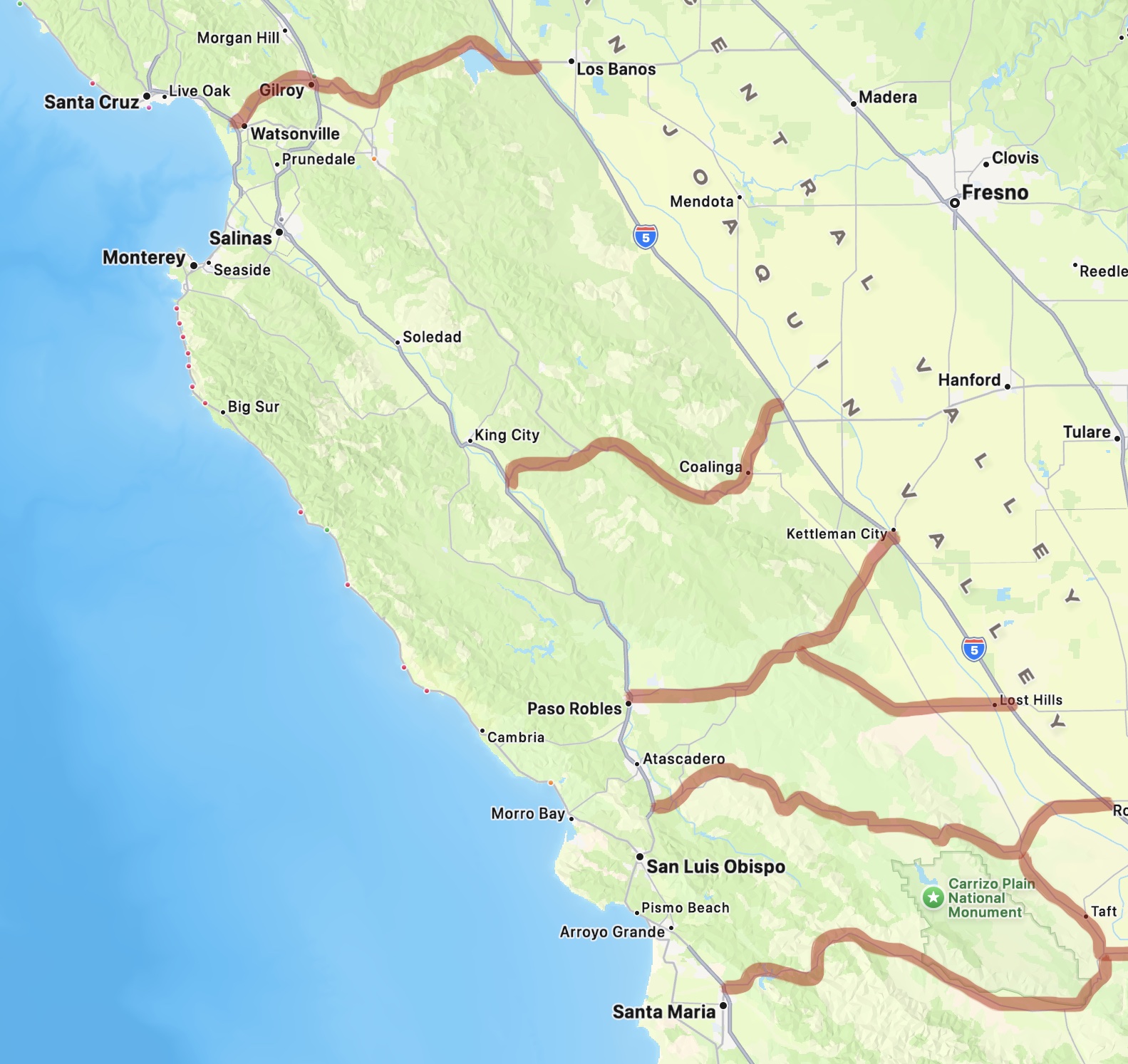 Central coast map, Highway 101 vs I-5